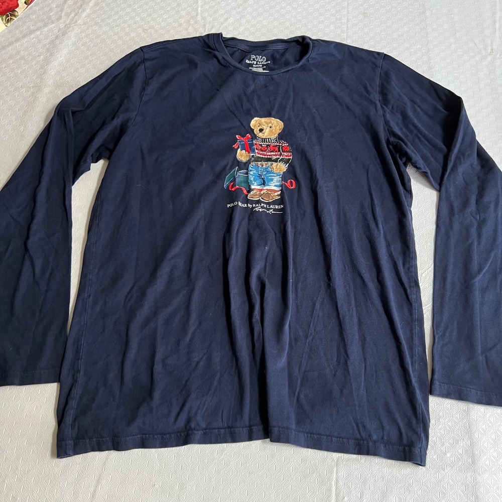 Polo Ralph Lauren Mens Navy Blue Long Sleeve Polo Bear Holiday T-Shirt Size M
